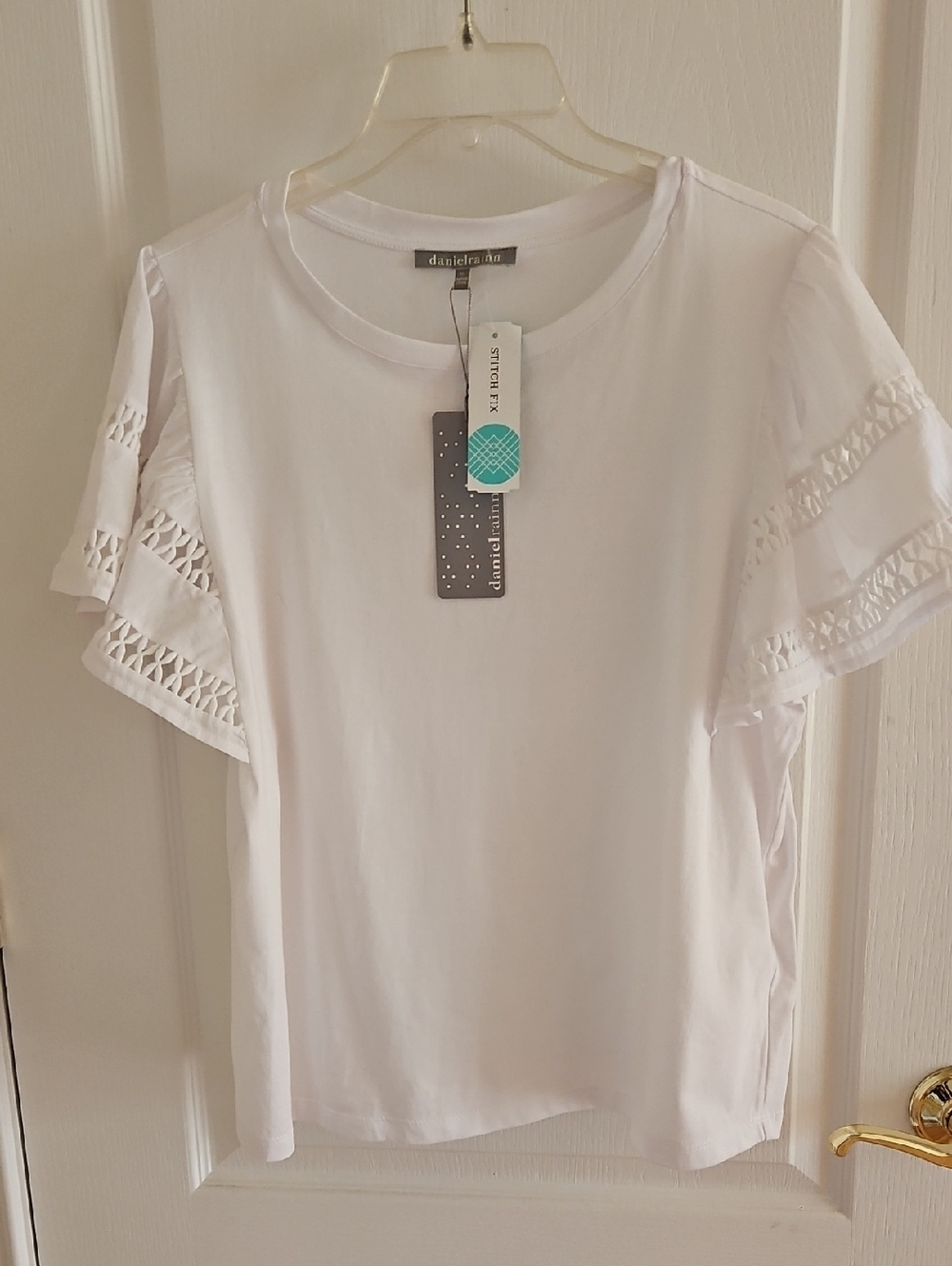Daniel Rainn White Short Sleeve Top with Eyelet Sleeve Trim